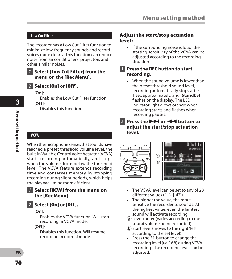 Menu setting method | Olympus DM-2 User Manual | Page 70 / 185
