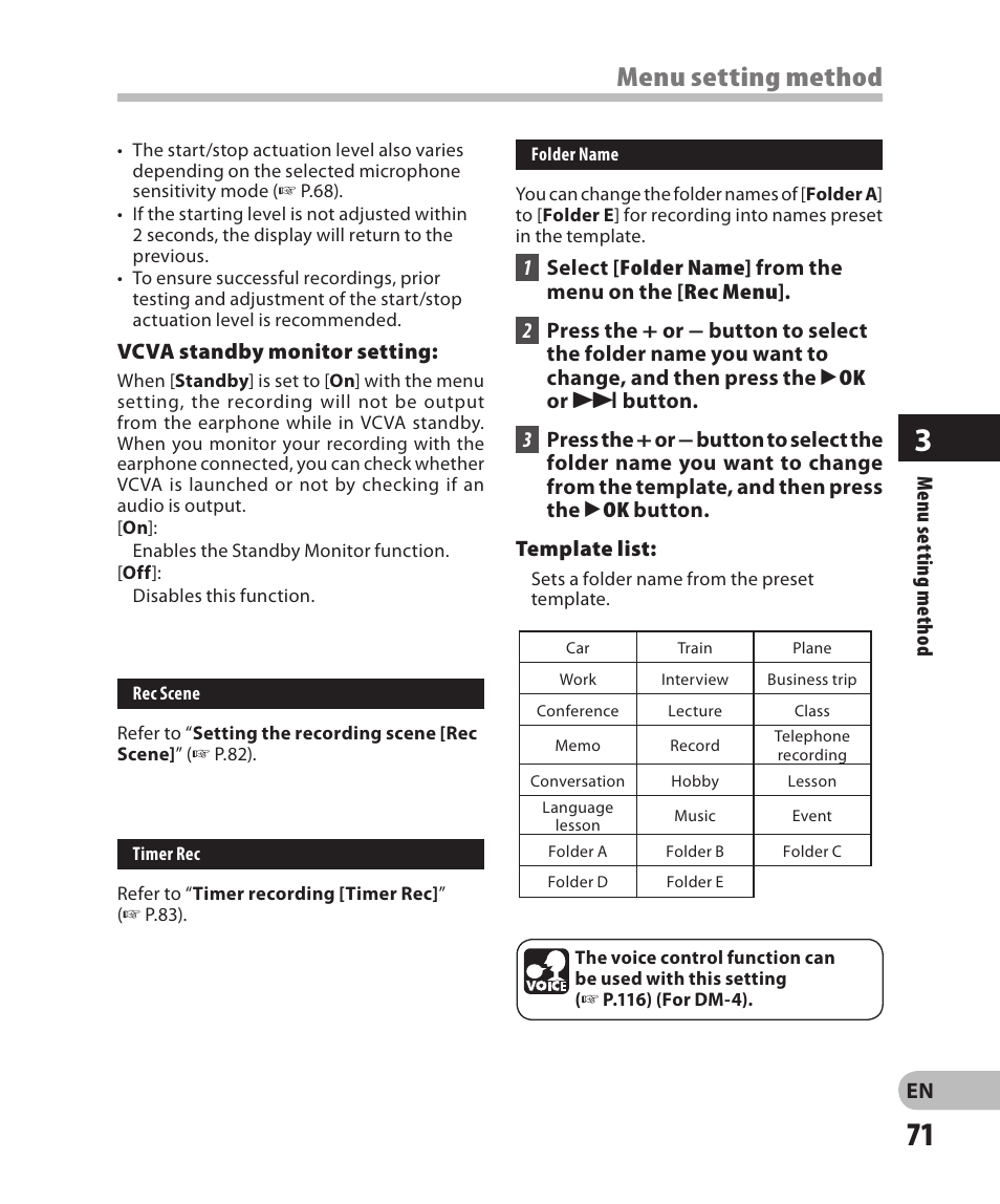 Menu setting method | Olympus DM-2 User Manual | Page 71 / 185