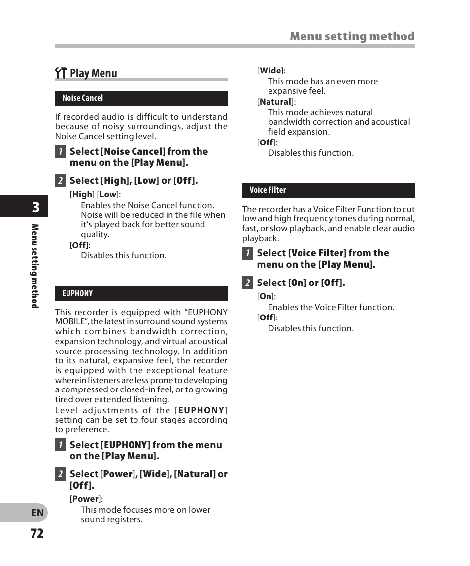 Play menu, Menu setting method g play menu | Olympus DM-2 User Manual | Page 72 / 185
