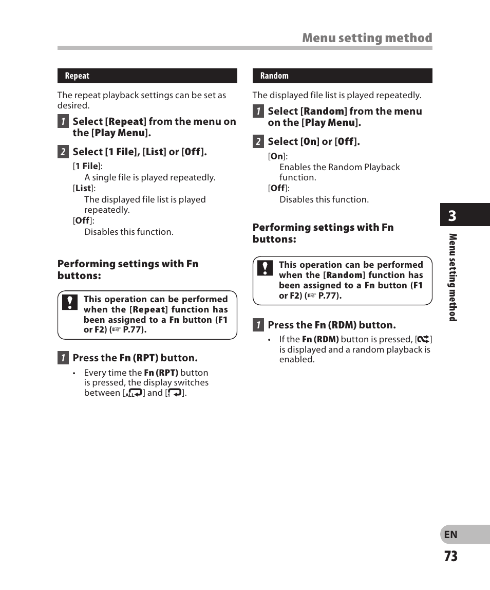 Menu setting method | Olympus DM-2 User Manual | Page 73 / 185