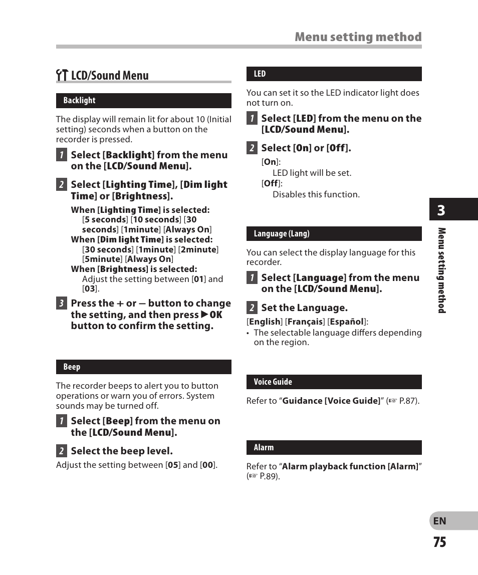 Lcd/sound menu, M menu, Menu | Menu setting method g lcd/sound menu | Olympus DM-2 User Manual | Page 75 / 185