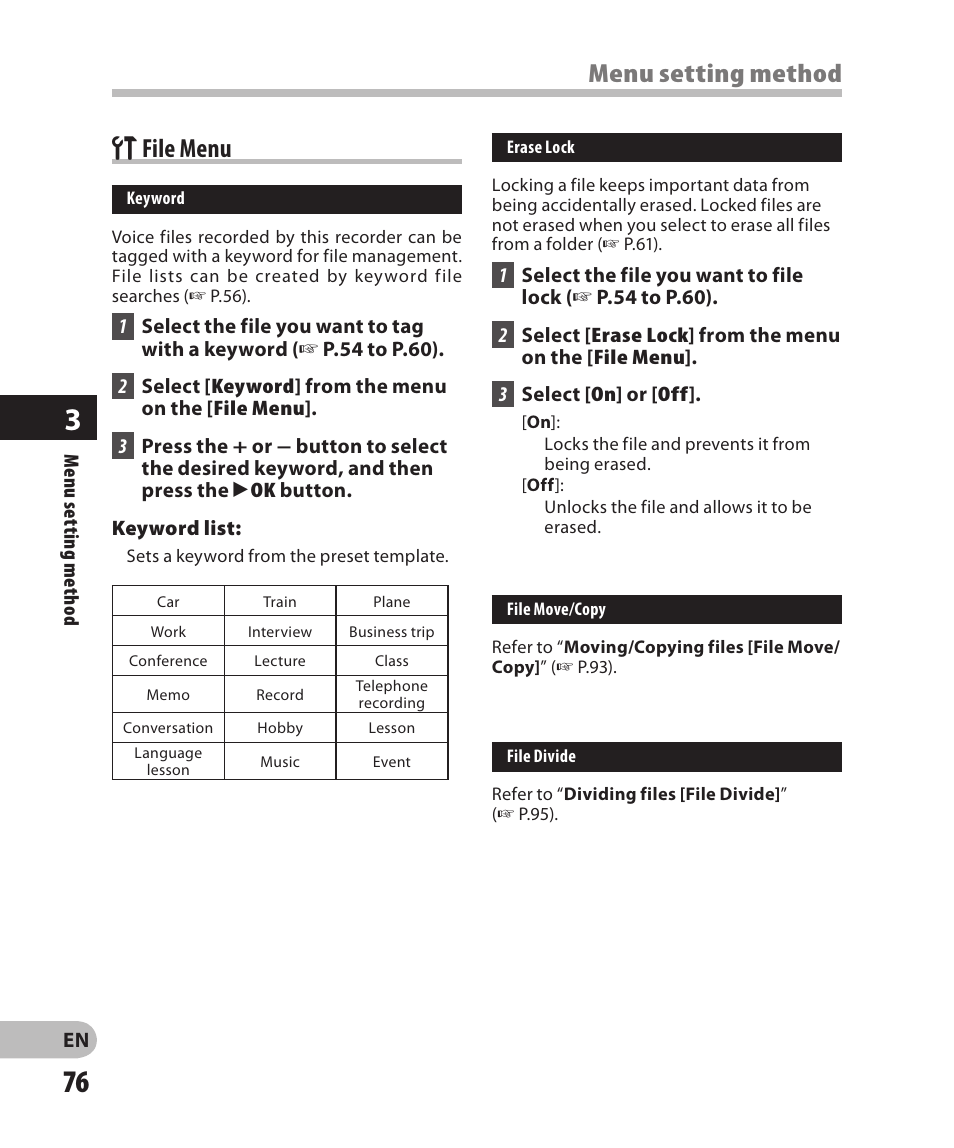 File menu, Menu setting method g file menu | Olympus DM-2 User Manual | Page 76 / 185