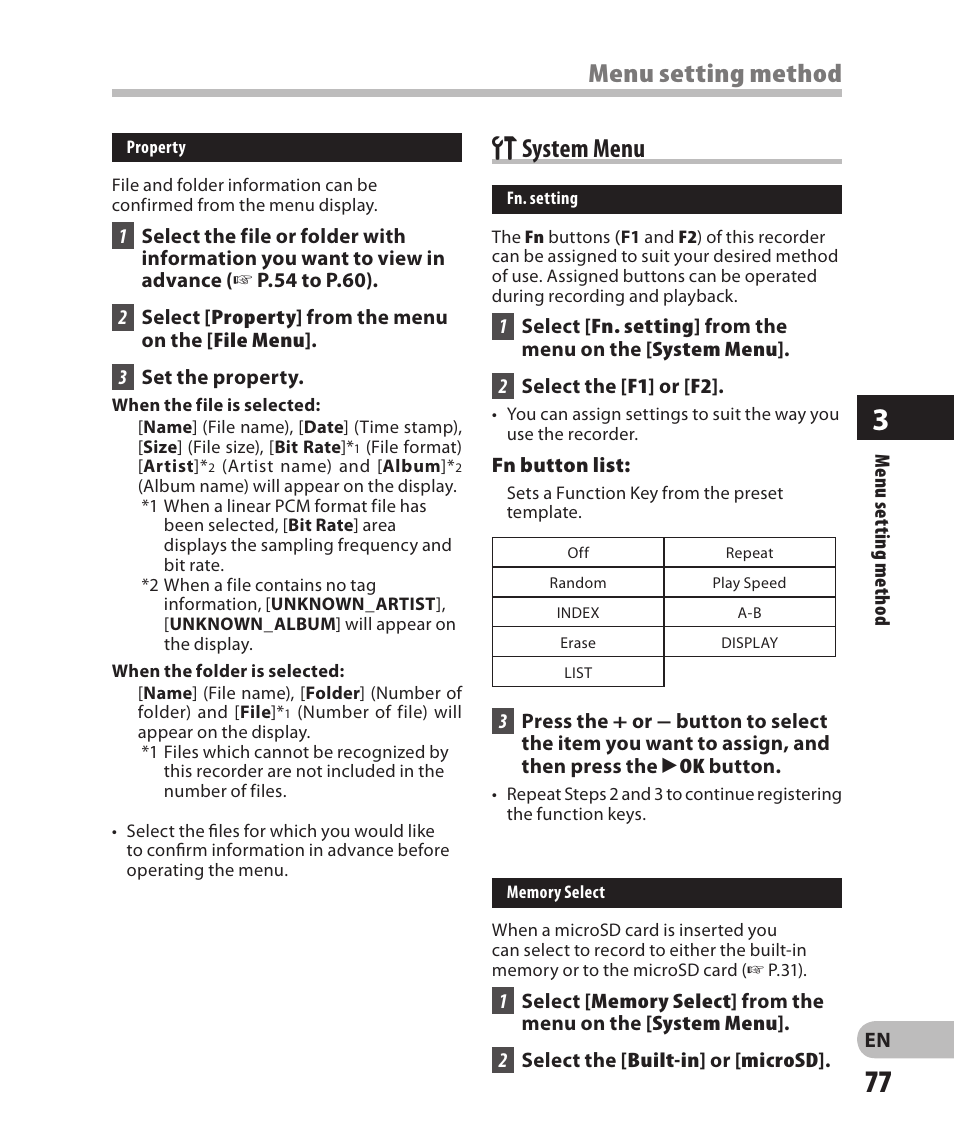 System menu, Menu setting method g system menu | Olympus DM-2 User Manual | Page 77 / 185