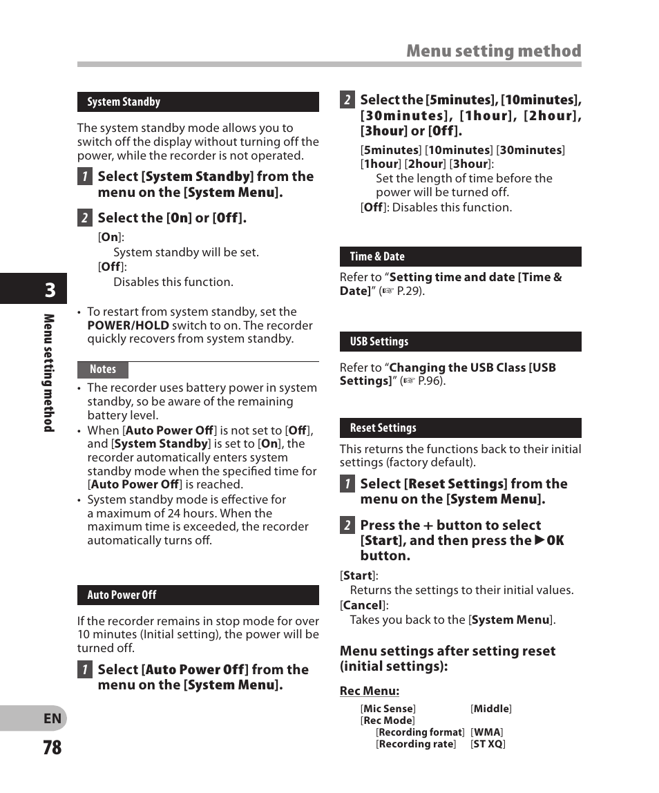 Menu setting method | Olympus DM-2 User Manual | Page 78 / 185