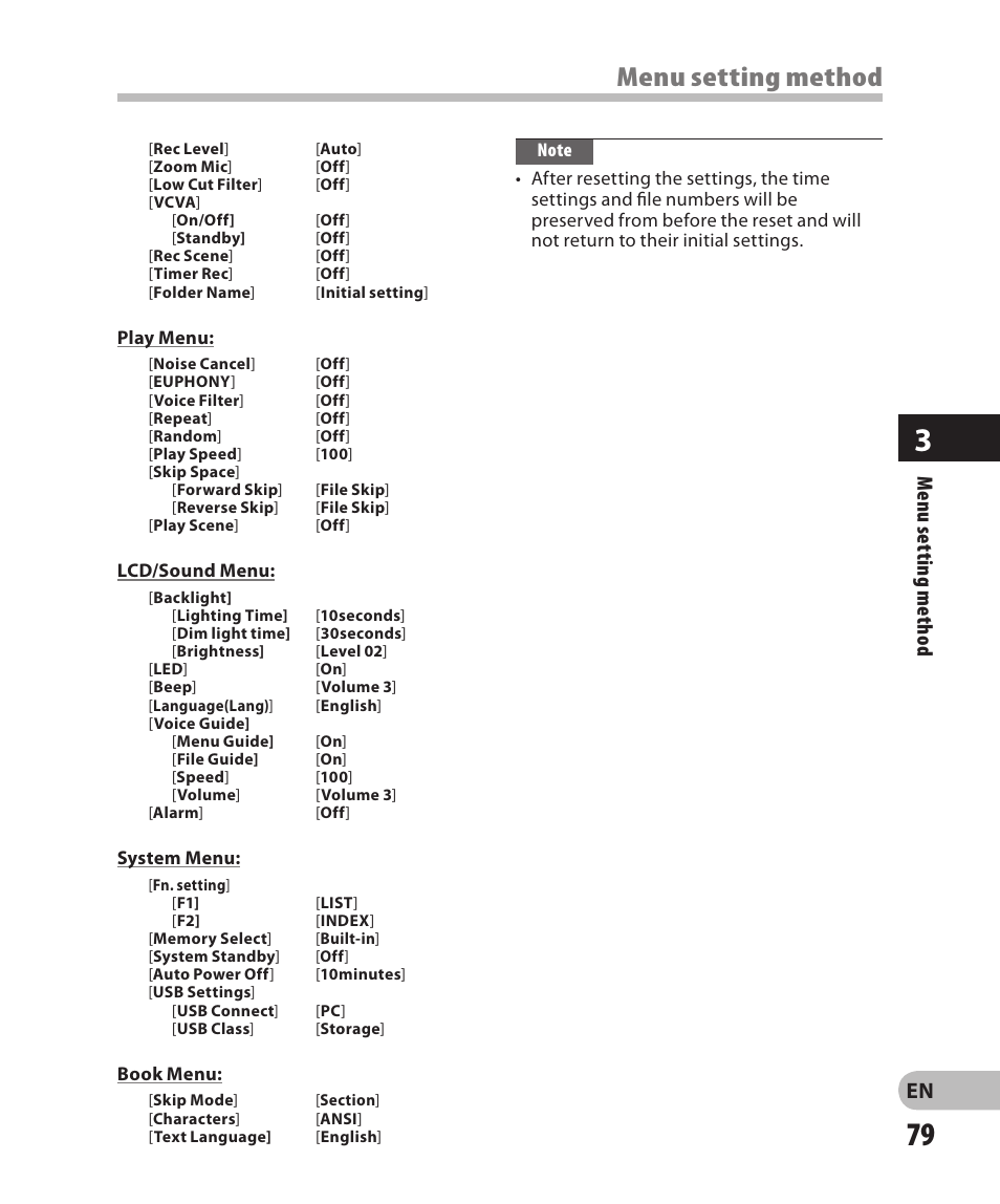 Menu setting method, En m en u s et tin g m et ho d | Olympus DM-2 User Manual | Page 79 / 185