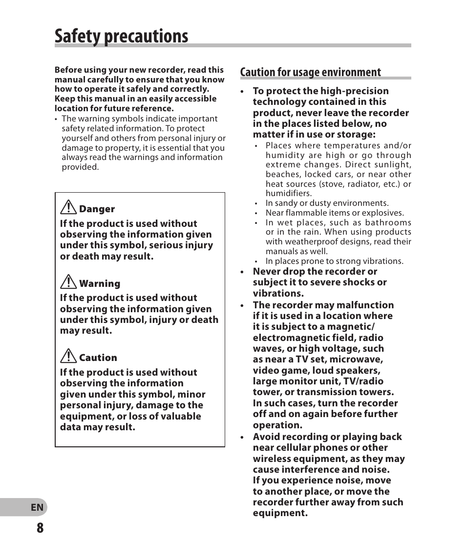 Safety precautions, Caution for usage environment | Olympus DM-2 User Manual | Page 8 / 185