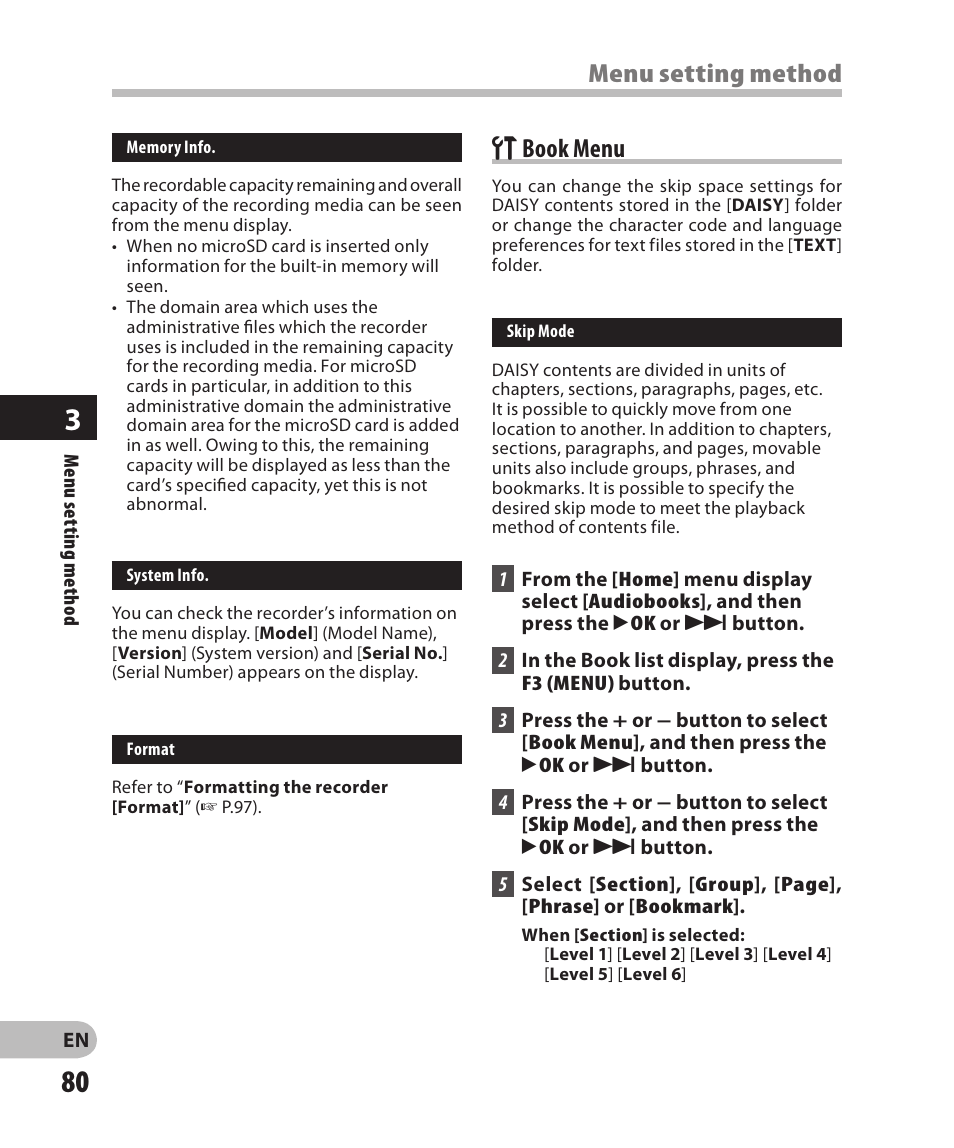 Book menu, Menu setting method, Gbook menu | Olympus DM-2 User Manual | Page 80 / 185