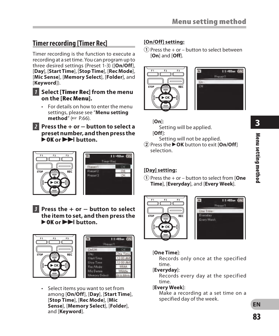 Timer recording [timer rec, Menu setting method | Olympus DM-2 User Manual | Page 83 / 185