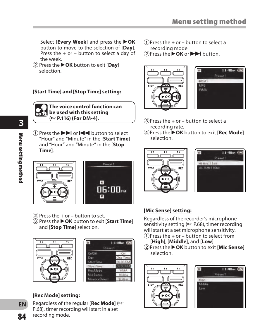 Menu setting method | Olympus DM-2 User Manual | Page 84 / 185