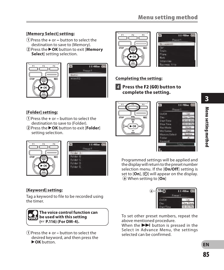 Menu setting method | Olympus DM-2 User Manual | Page 85 / 185