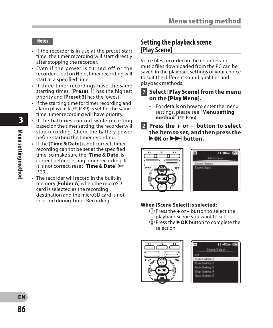Setting the playback scene[play scene | Olympus DM-2 User Manual | Page 86 / 185