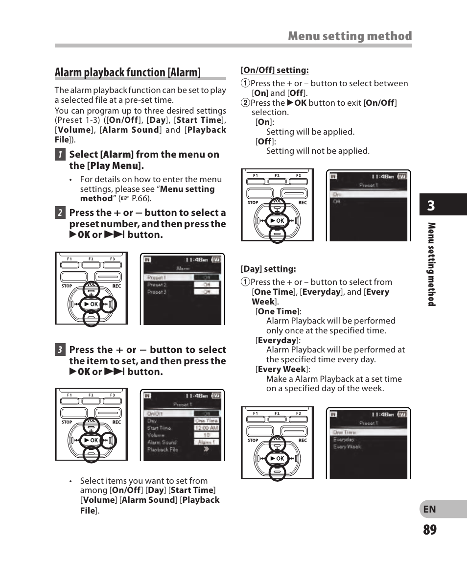 Alarm playback function [alarm, Menu setting method | Olympus DM-2 User Manual | Page 89 / 185