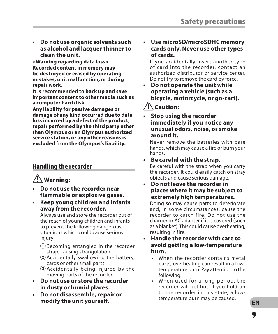 Handling the recorder, Safety precautions | Olympus DM-2 User Manual | Page 9 / 185