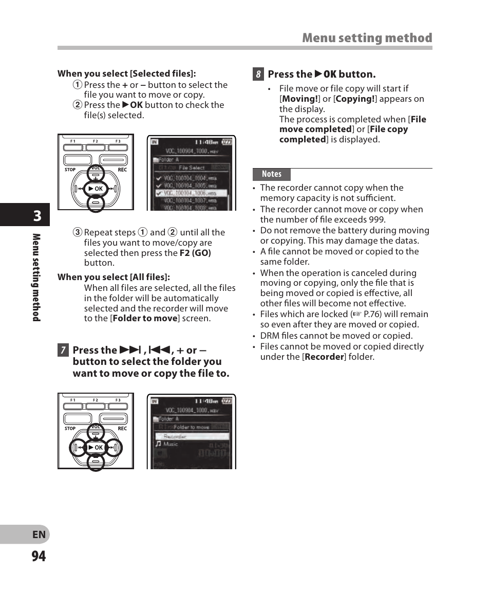 Menu setting method | Olympus DM-2 User Manual | Page 94 / 185