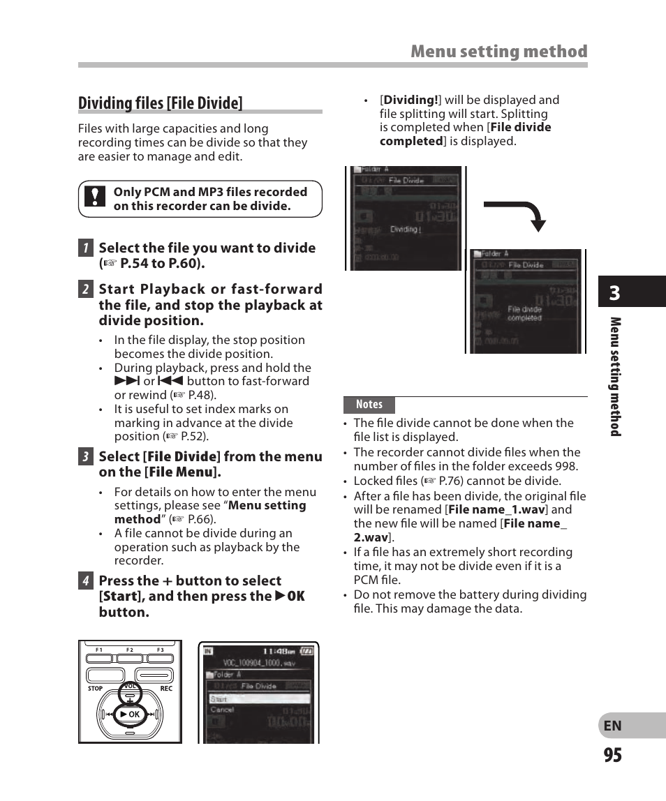 Dividing files [file divide, Menu setting method | Olympus DM-2 User Manual | Page 95 / 185