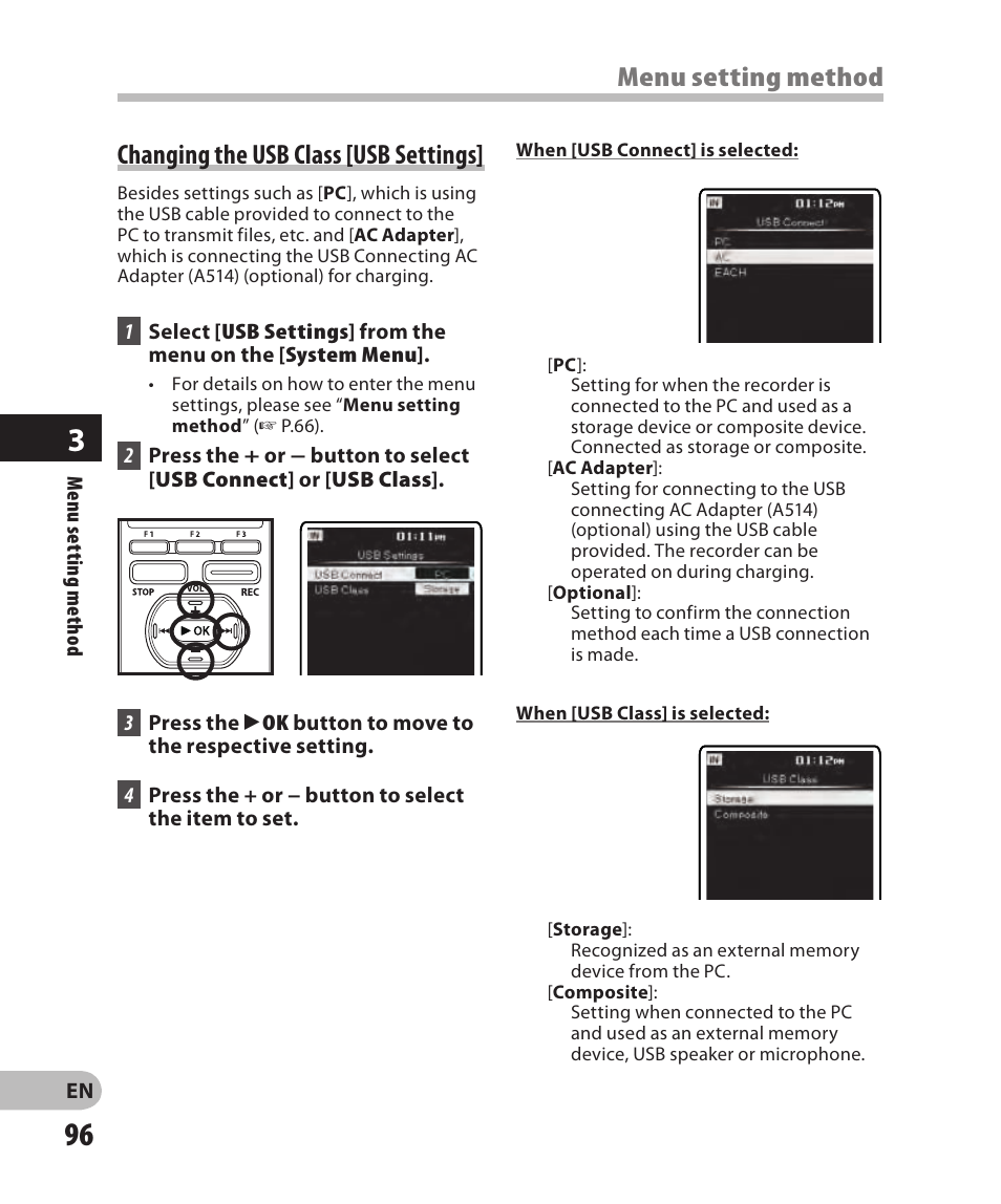 Changing the usb class [usb settings, Menu setting method | Olympus DM-2 User Manual | Page 96 / 185