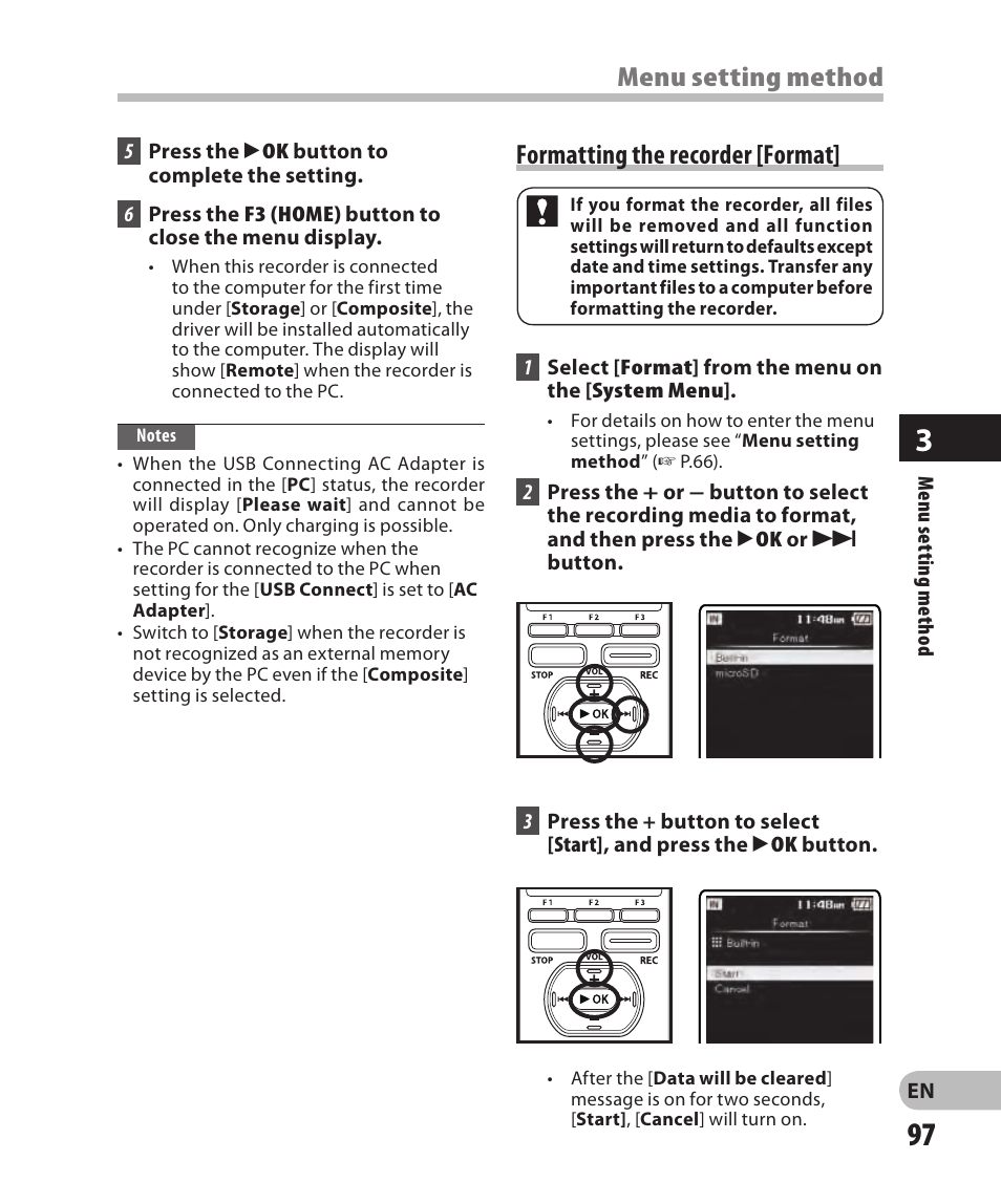 Formatting the recorder [format, Menu setting method | Olympus DM-2 User Manual | Page 97 / 185