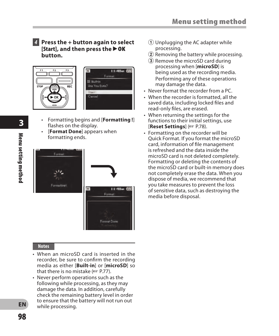 Menu setting method | Olympus DM-2 User Manual | Page 98 / 185
