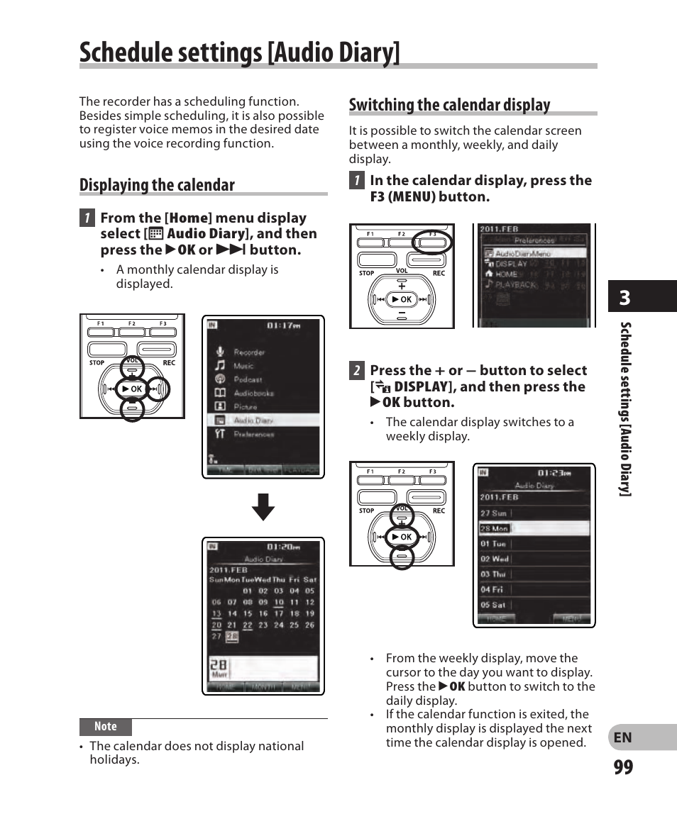 Schedule settings [audio diary, Displaying the calendar, Switching the calendar display | Olympus DM-2 User Manual | Page 99 / 185