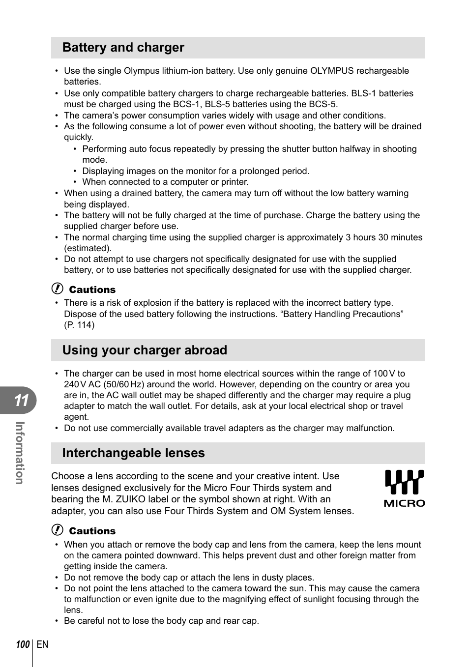 Battery and charger, Using your charger abroad, Interchangeable lenses | Olympus E-PM1 User Manual | Page 100 / 129
