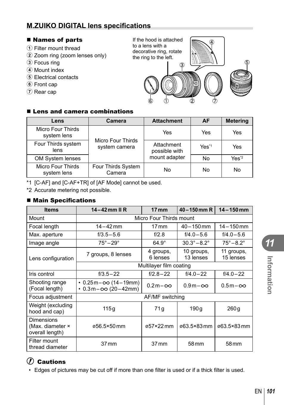 Information, M.zuiko digital lens specifi cations | Olympus E-PM1 User Manual | Page 101 / 129