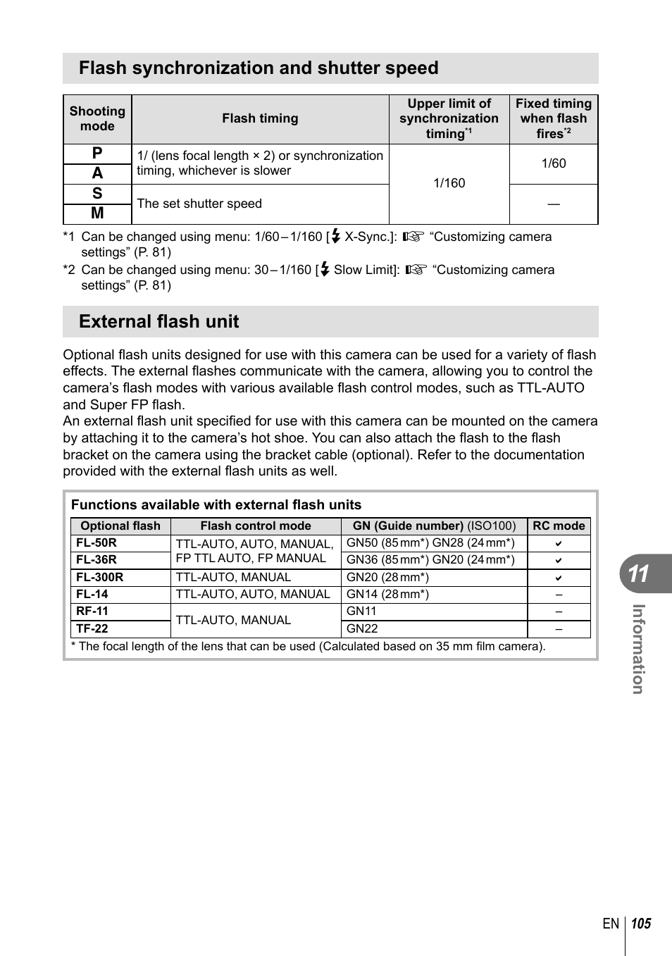 Flash synchronization and shutter speed, External fl ash unit, Information | Olympus E-PM1 User Manual | Page 105 / 129