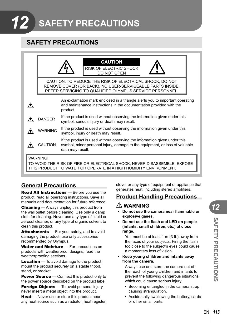 Safety precautions | Olympus E-PM1 User Manual | Page 113 / 129