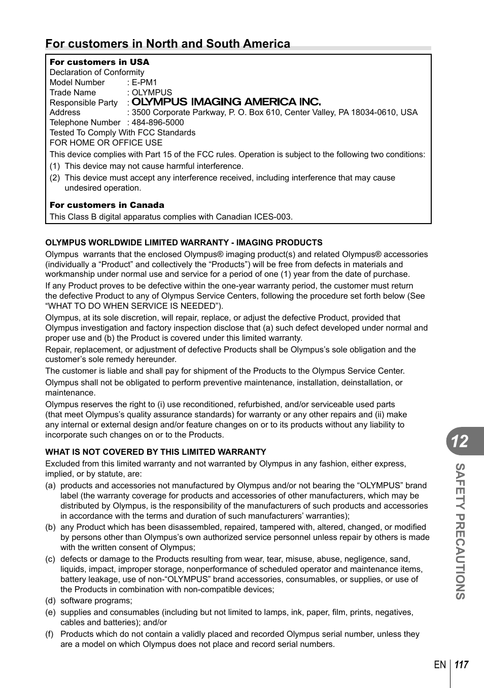 Safety precautions, For customers in north and south america | Olympus E-PM1 User Manual | Page 117 / 129