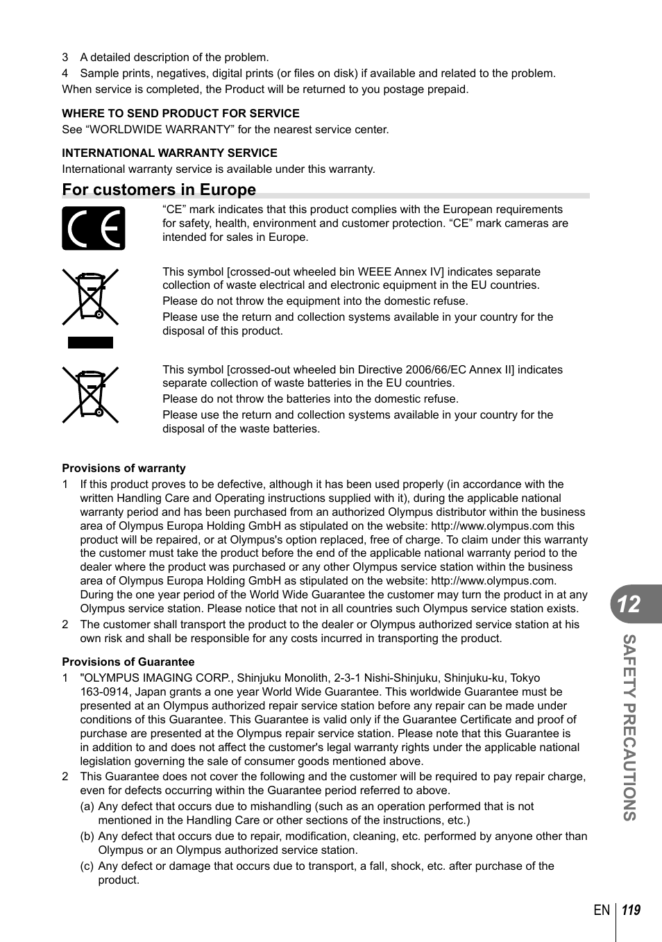 Safety precautions, For customers in europe | Olympus E-PM1 User Manual | Page 119 / 129