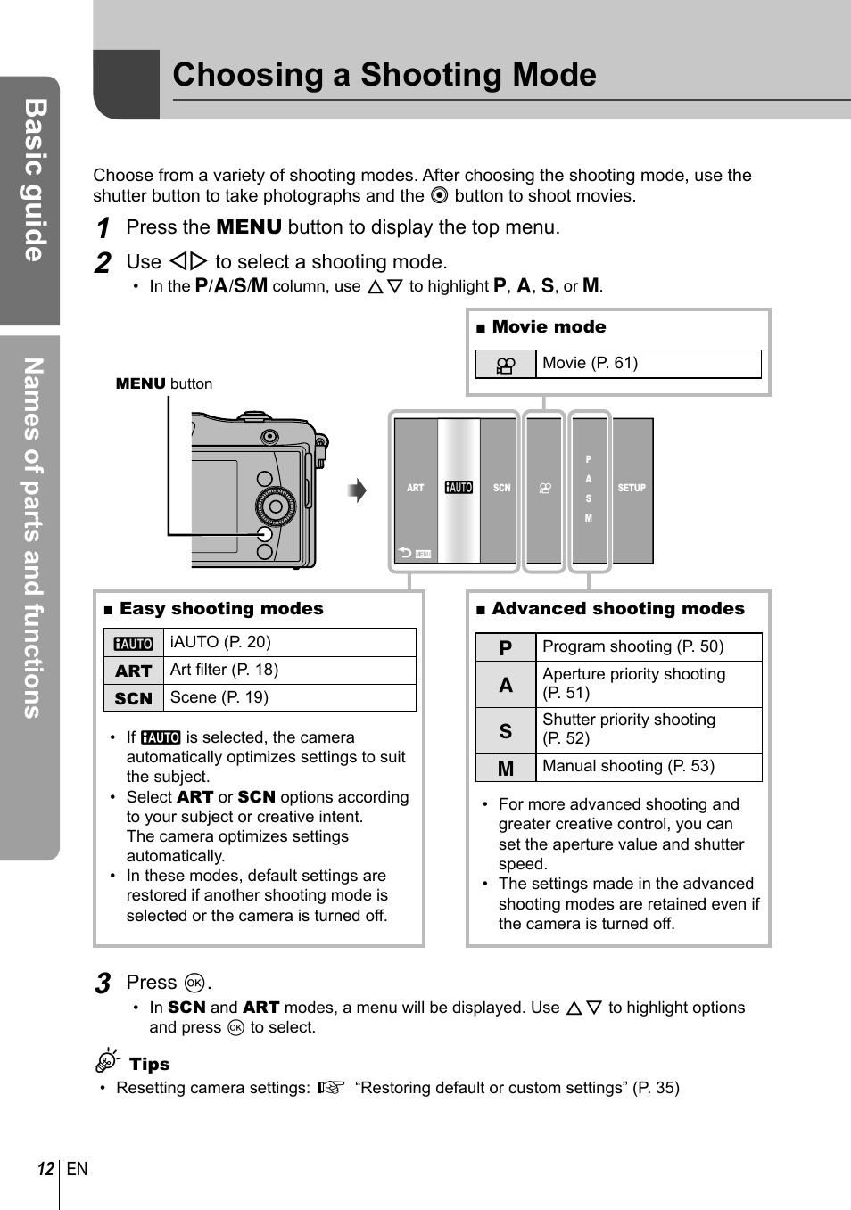 Choosing a shooting mode, Basic guide, Names of parts and functions | Olympus E-PM1 User Manual | Page 12 / 129
