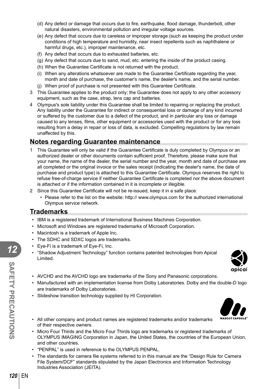 Safety precautions, Trademarks | Olympus E-PM1 User Manual | Page 120 / 129