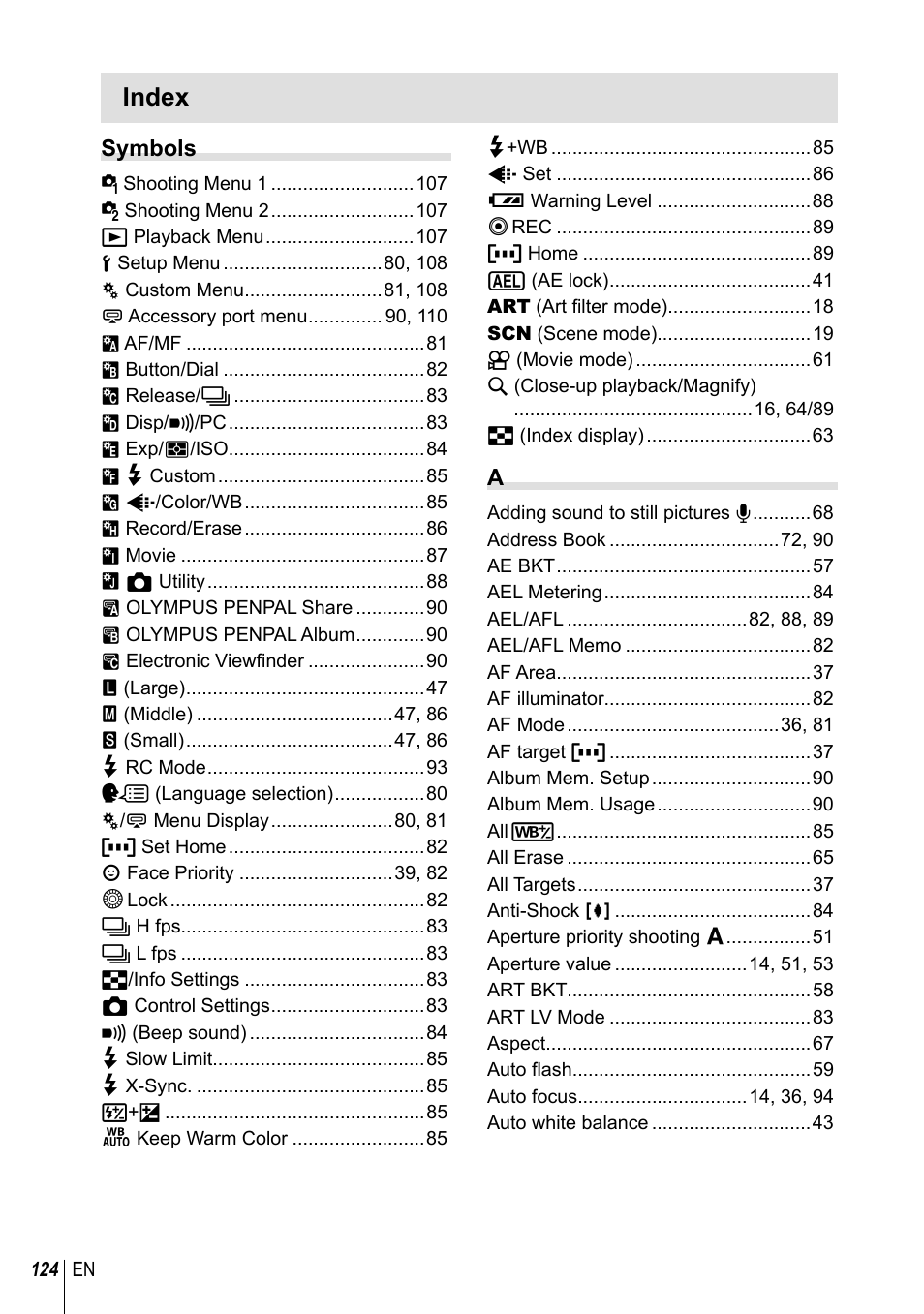 Index | Olympus E-PM1 User Manual | Page 124 / 129