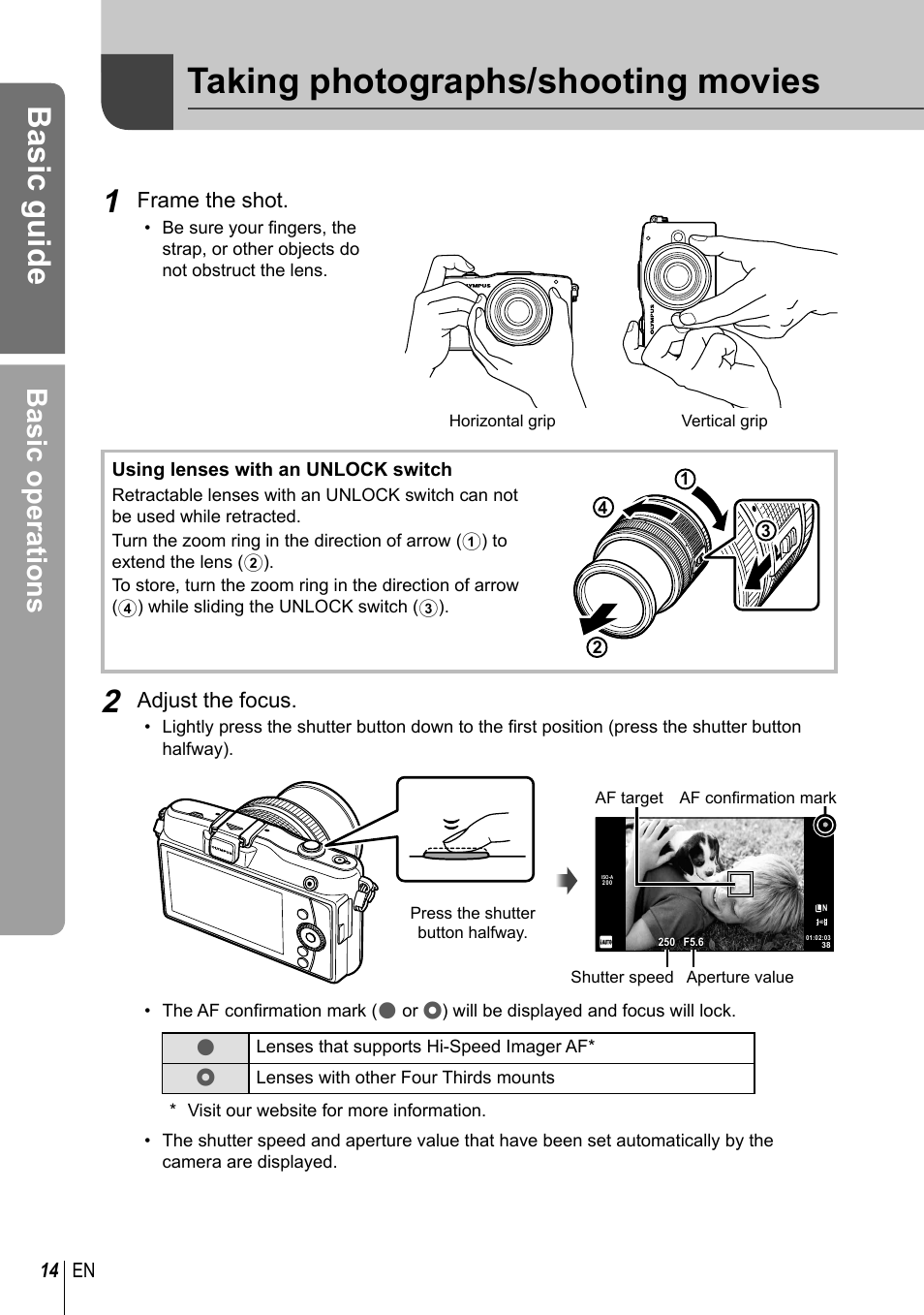 Taking photographs/shooting movies, Basic guide, Basic operations | Frame the shot, Adjust the focus, 14 en | Olympus E-PM1 User Manual | Page 14 / 129