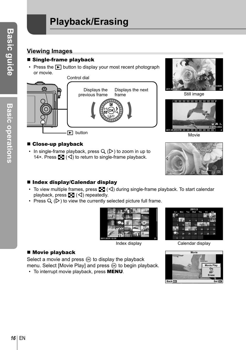 Playback/erasing, Basic guide, Basic operations | Viewing images, 16 en, Single-frame playback, Close-up playback, Index display/calendar display, Still image, Movie | Olympus E-PM1 User Manual | Page 16 / 129