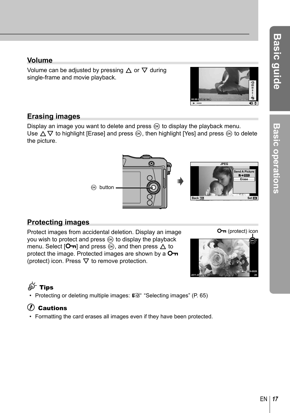 Basic guide, Basic operations, Volume | Erasing images, Protecting images, 17 en | Olympus E-PM1 User Manual | Page 17 / 129