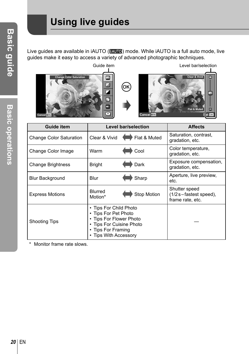 Using live guides, Basic guide, Basic operations | Olympus E-PM1 User Manual | Page 20 / 129