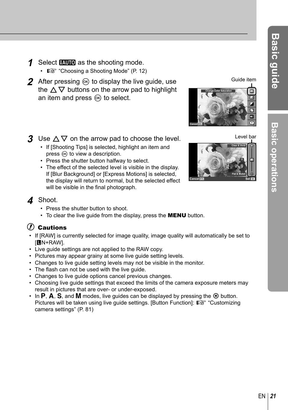 Basic guide, Basic operations | Olympus E-PM1 User Manual | Page 21 / 129