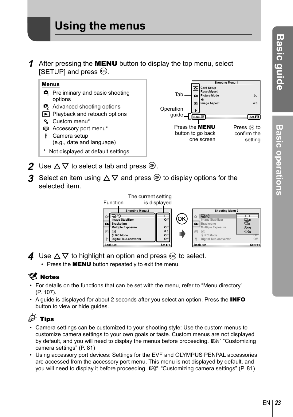Using the menus, Basic guide, Basic operations | Use fg to select a tab and press q, 23 en, Tips | Olympus E-PM1 User Manual | Page 23 / 129