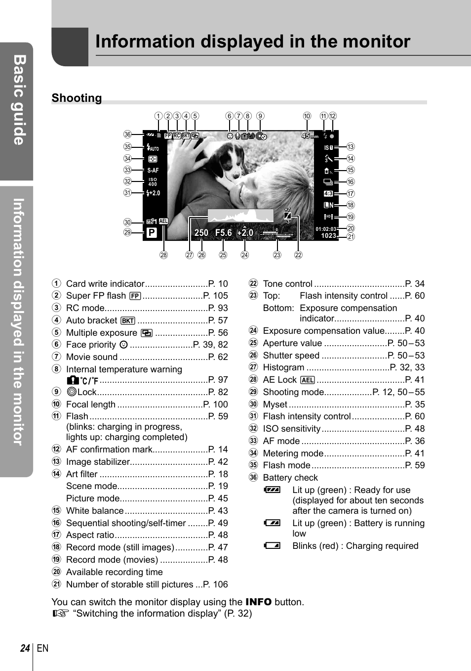 Basic guide, Information displayed in the monitor, Shooting | 24 en | Olympus E-PM1 User Manual | Page 24 / 129