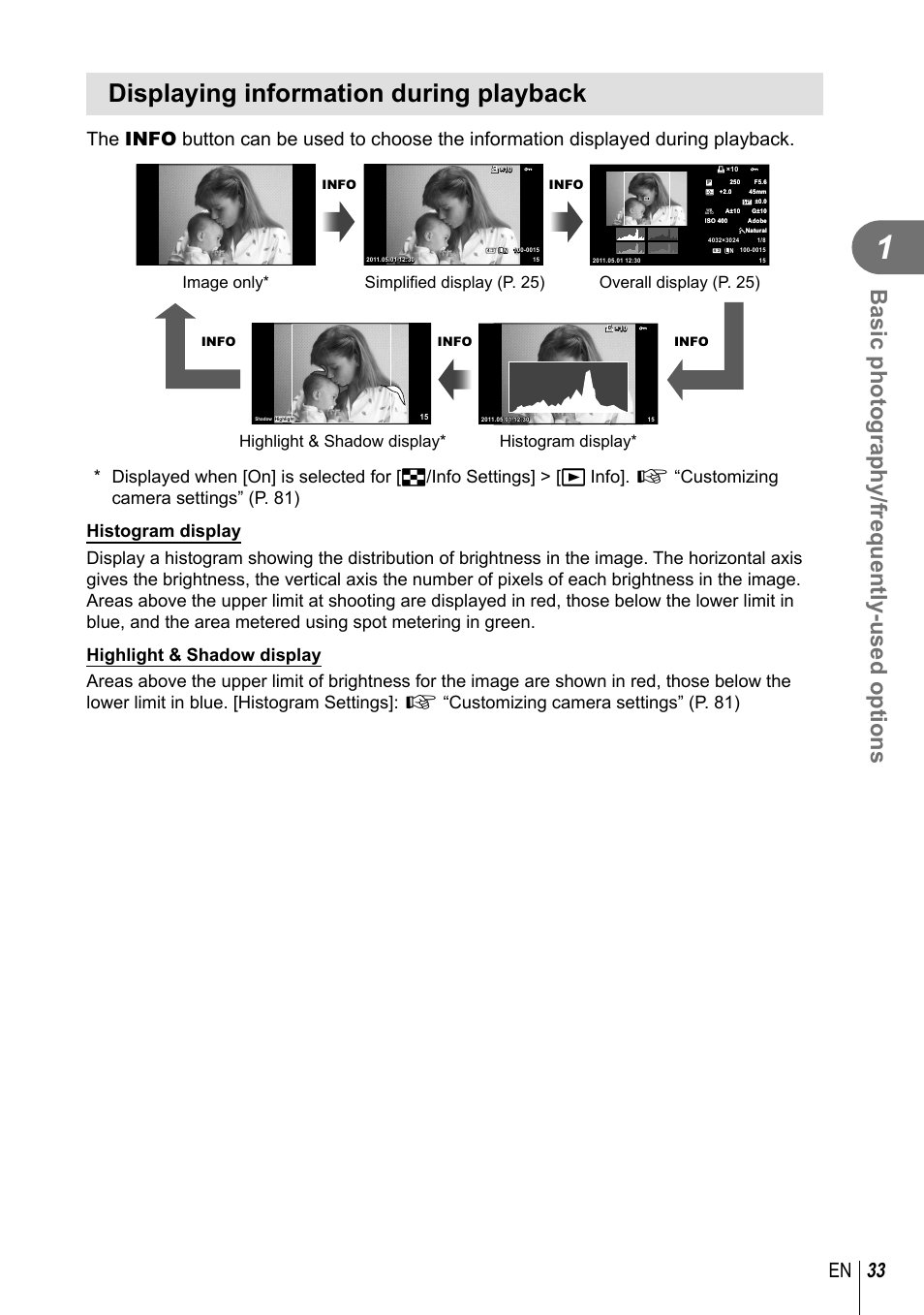Displaying information during playback, Basic photography/frequently-used options, 33 en | Highlight & shadow display* histogram display | Olympus E-PM1 User Manual | Page 33 / 129