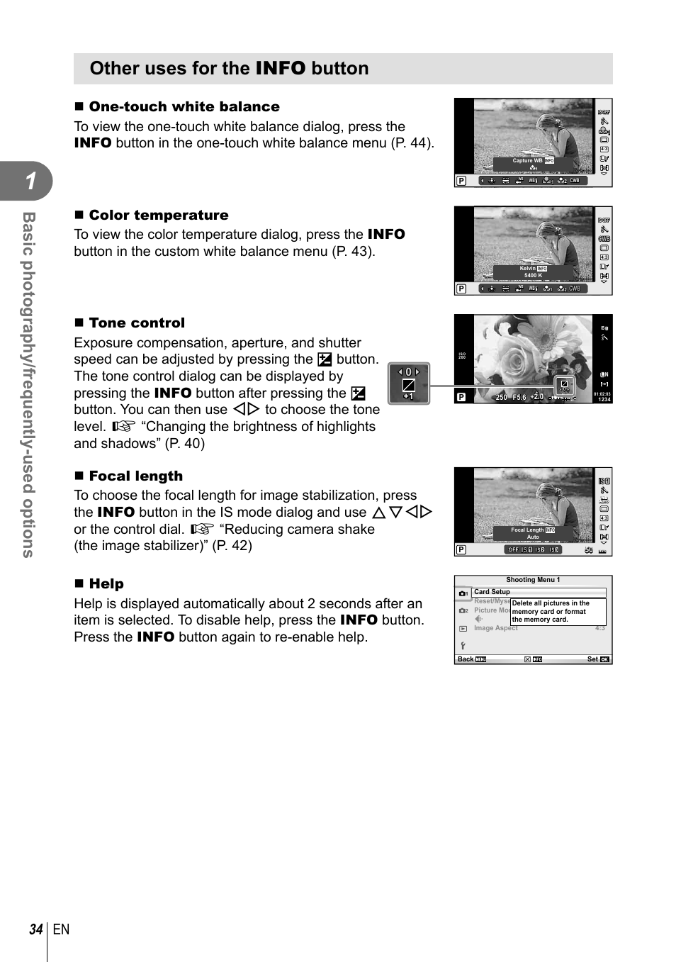 Other uses for the info button, Basic photography/frequently-used options, 34 en | Olympus E-PM1 User Manual | Page 34 / 129
