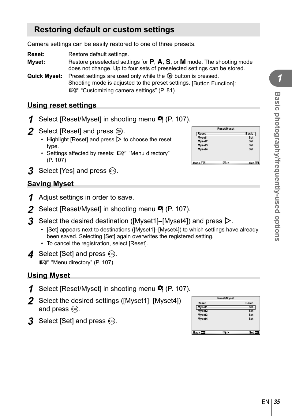 Restoring default or custom settings | Olympus E-PM1 User Manual | Page 35 / 129