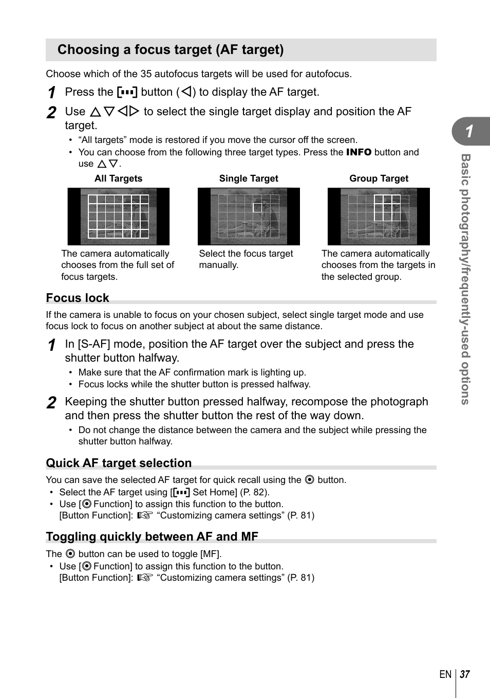 Choosing a focus target (af target) | Olympus E-PM1 User Manual | Page 37 / 129