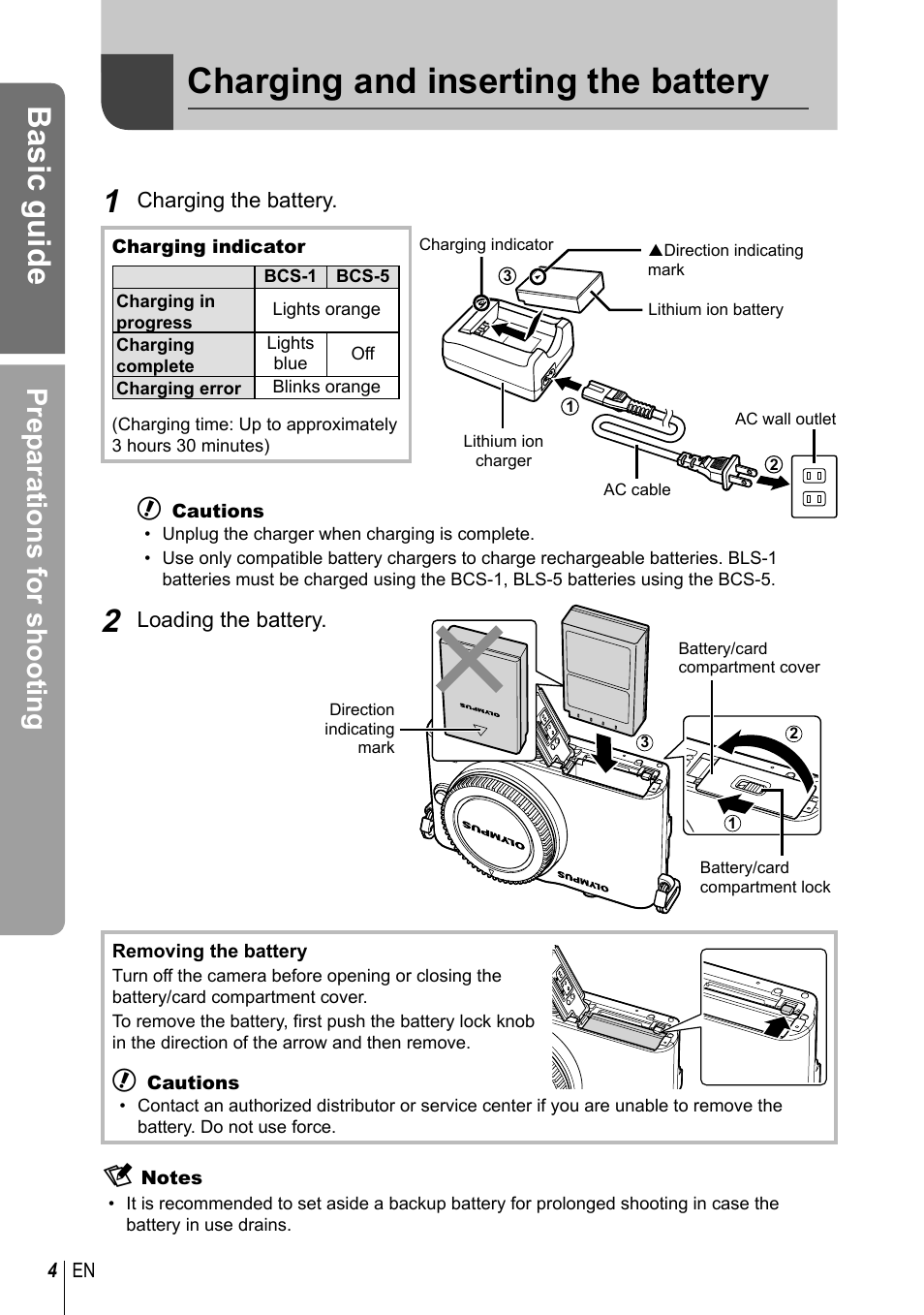 Basic guide, Charging and inserting the battery, Preparations for shooting | Olympus E-PM1 User Manual | Page 4 / 129