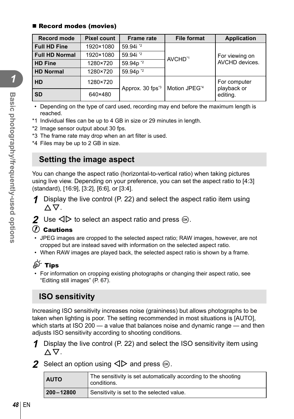 Setting the image aspect, Iso sensitivity, Basic photography/frequently-used options | Olympus E-PM1 User Manual | Page 48 / 129