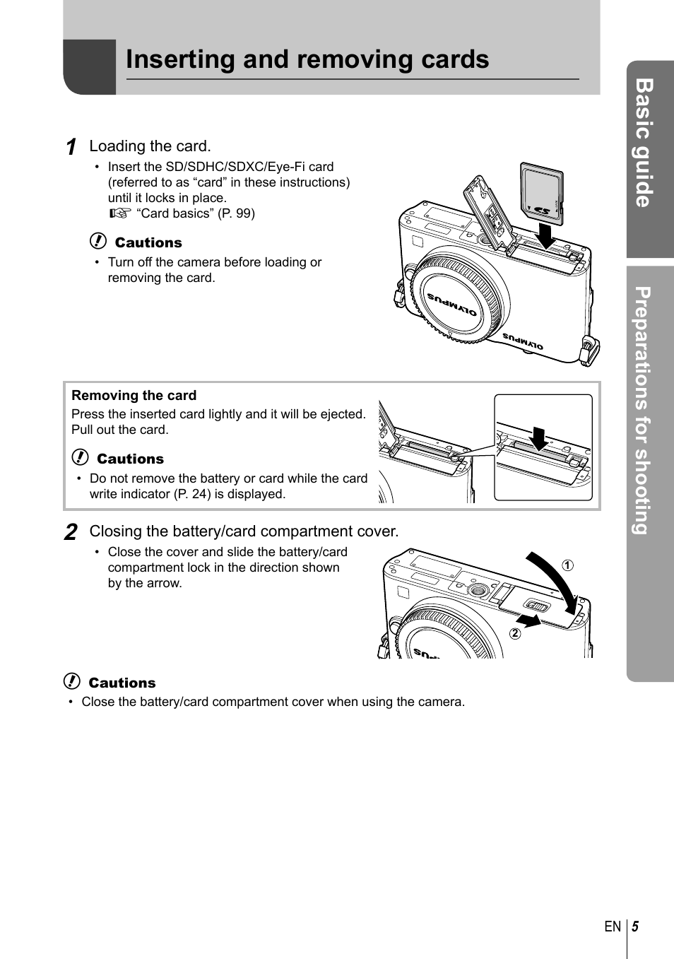 Inserting and removing cards, Basic guide, Preparations for shooting | Olympus E-PM1 User Manual | Page 5 / 129
