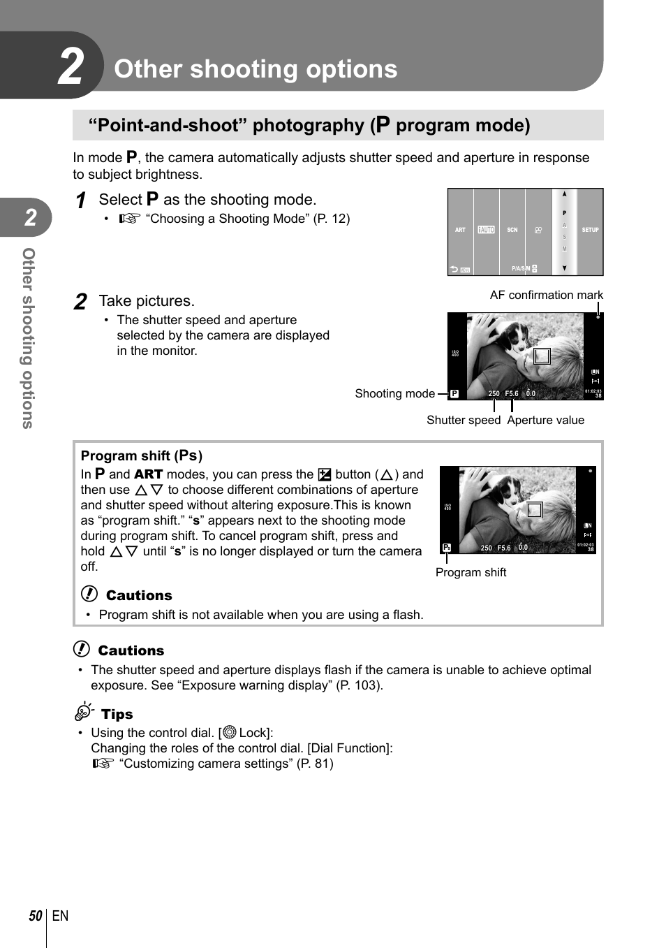 Other shooting options, Point-and-shoot” photography ( p program mode), Select p as the shooting mode | Take pictures, 50 en, Program shift ( % ), Cautions, Tips | Olympus E-PM1 User Manual | Page 50 / 129