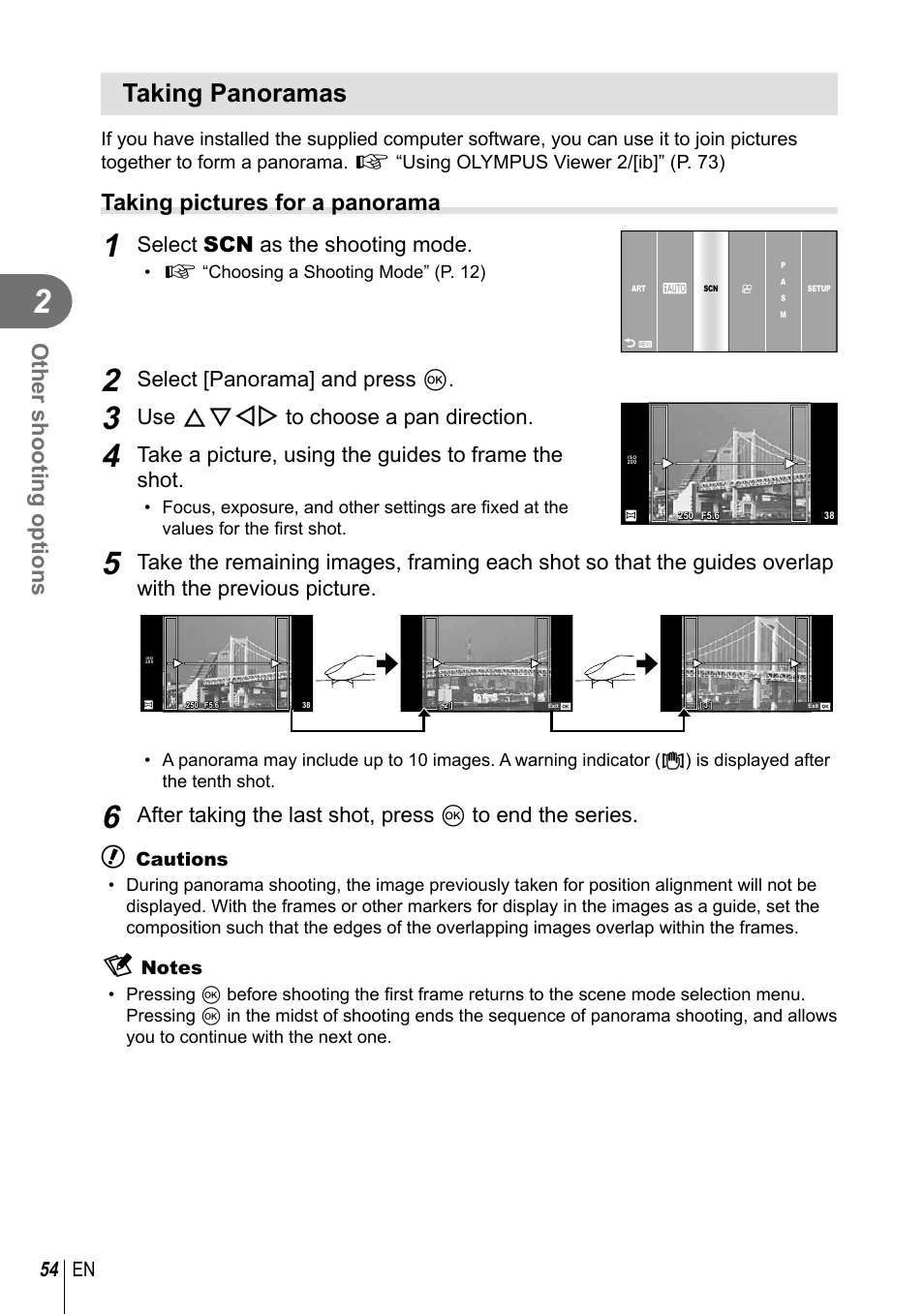 Taking panoramas, Other shooting options, Taking pictures for a panorama | Select scn as the shooting mode, Select [panorama] and press q, Use fghi to choose a pan direction, Take a picture, using the guides to frame the shot, 54 en | Olympus E-PM1 User Manual | Page 54 / 129