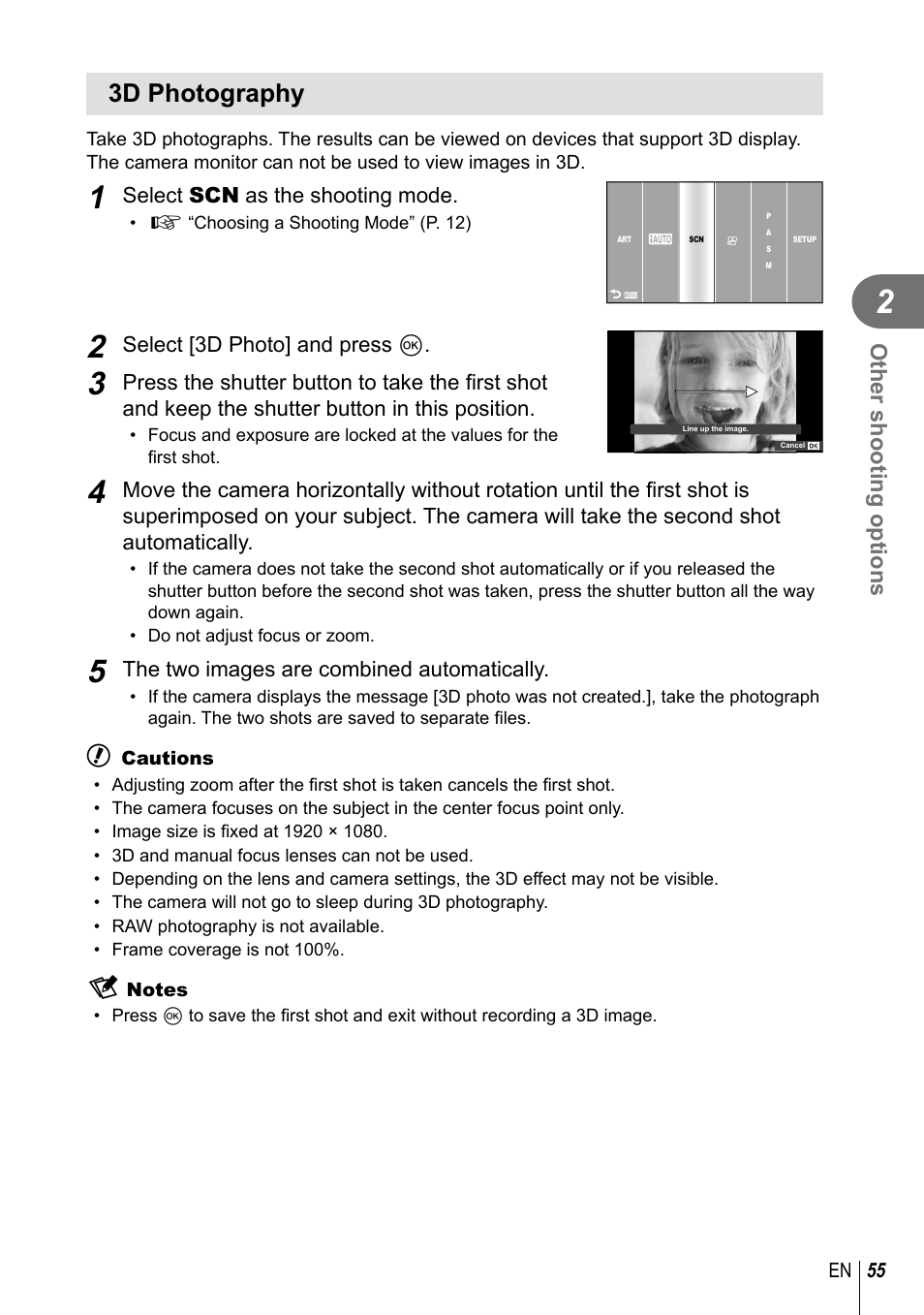 3d photography, Other shooting options | Olympus E-PM1 User Manual | Page 55 / 129