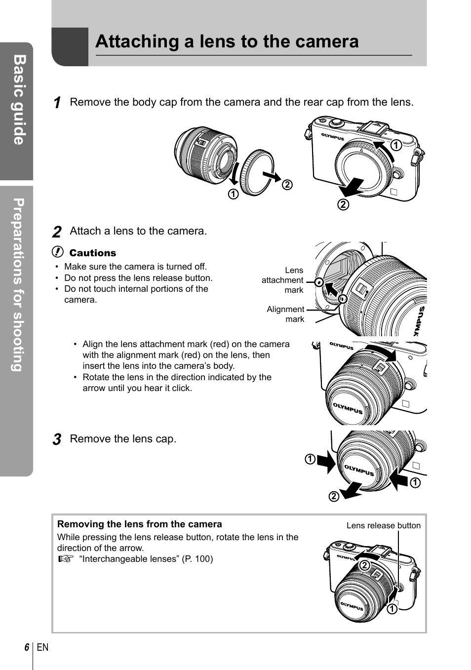 Attaching a lens to the camera, Basic guide, Preparations for shooting | Olympus E-PM1 User Manual | Page 6 / 129